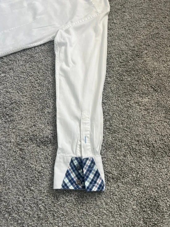 Bogosse White Men's Button-Down Shirt with Blue Plaid Trim Flip Cuffs Size 4 (L) - Picture 7 of 15